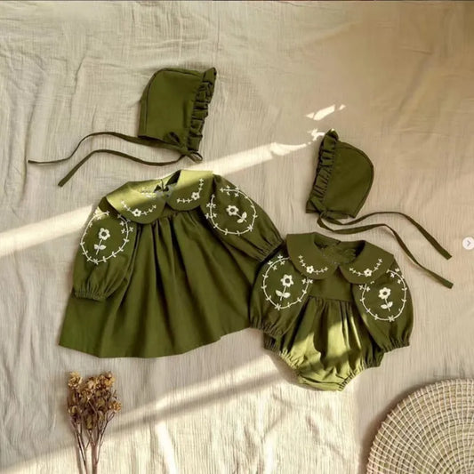 Turn Down Collar Embroidered Baby Girl Jumpsuit Retro Romper Long Sleeves Newborn Dress Casual Fashion Children Dresses