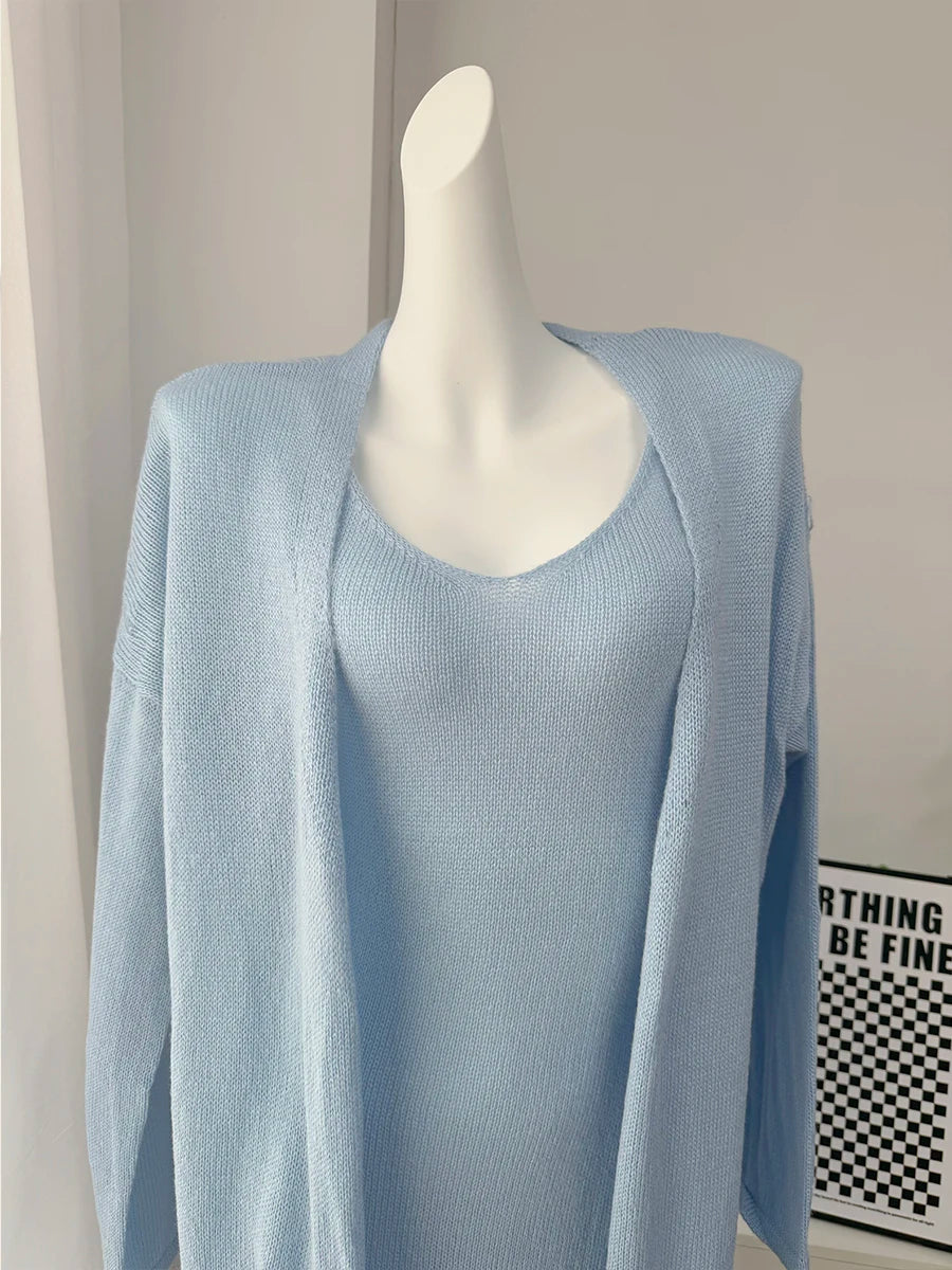 Hirsionsan Soft Loose Sets Women Three Pieces Long Sleeve Cardigan & Sexy Vest Dresses Elegant Female Hollow Outfits Tracksuit