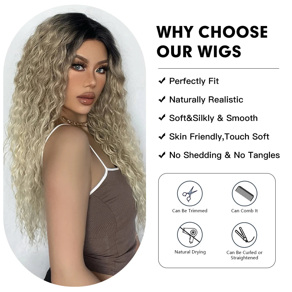 Long Afro Kinky Curly Lace Front Synthetic Wigs Brown Blonde Ombre Wig Dark Root Transparent Deep T Part Lace Wig for Women Use