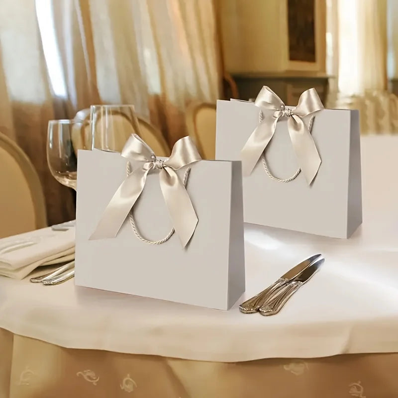 10pcs (5 Bags + 5 Ribbons) Elegant Beige Thank You Gift Bags, Paper Gift Bags, Shopping Bags with Golden Bows - Foldable