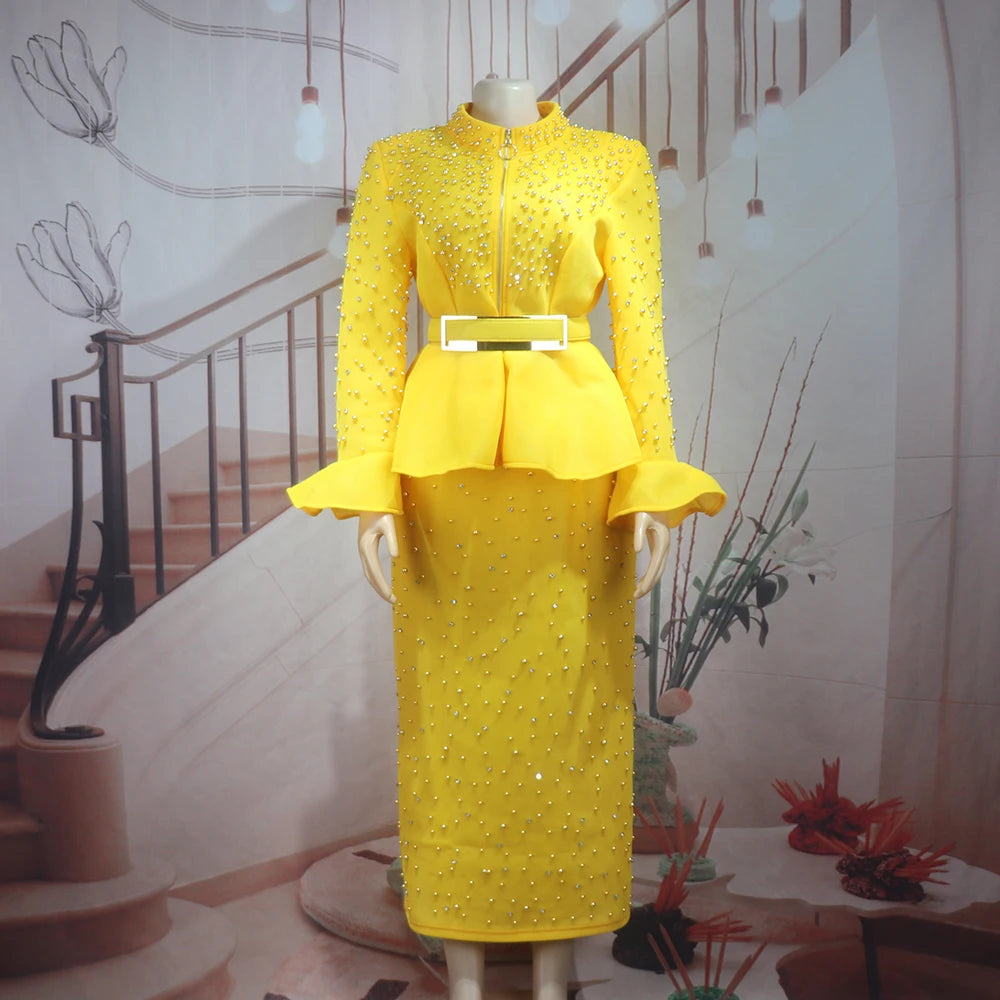 Fashion Suit African Dresses for Woman Rhinestone Turkey Dresses for Women Luxury High Quality Mesh Fabric African Beaded Dress