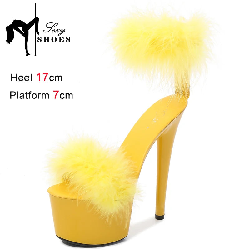 17CM Fur Womens Party Shoes Fashion 2023 Summer Sexy Exquisite Open Toe Ladies Shoes Female Stiletto Super High Heel Sandals
