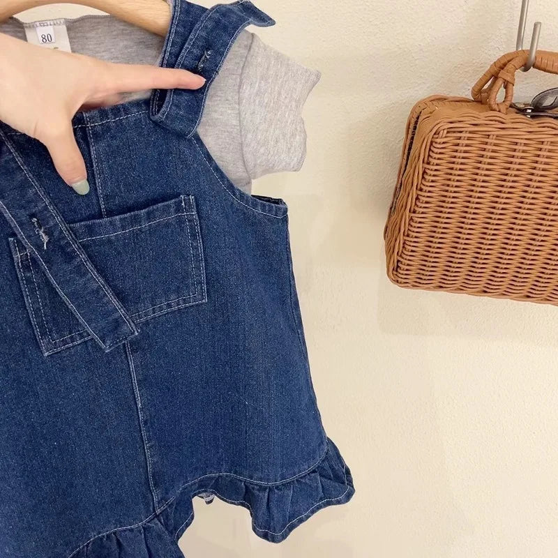 Summer Girls' Clothing Sets Casual Style Pocket Denim Suspender Dress +Short Sleeve 2Pcs Baby Kids Children Clothes Suit