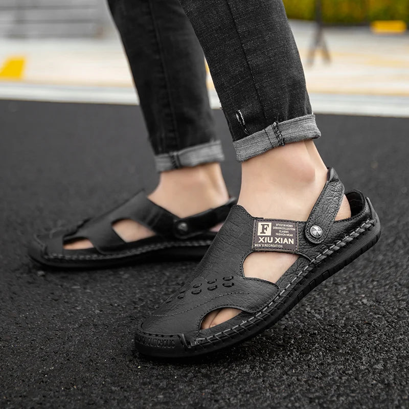Men Soft Leather Sandals Breathable Comfort Daily Beach Big Size 45 46 Outdoor Slippers Open Toe Non-Slip Casual Summer Footwear