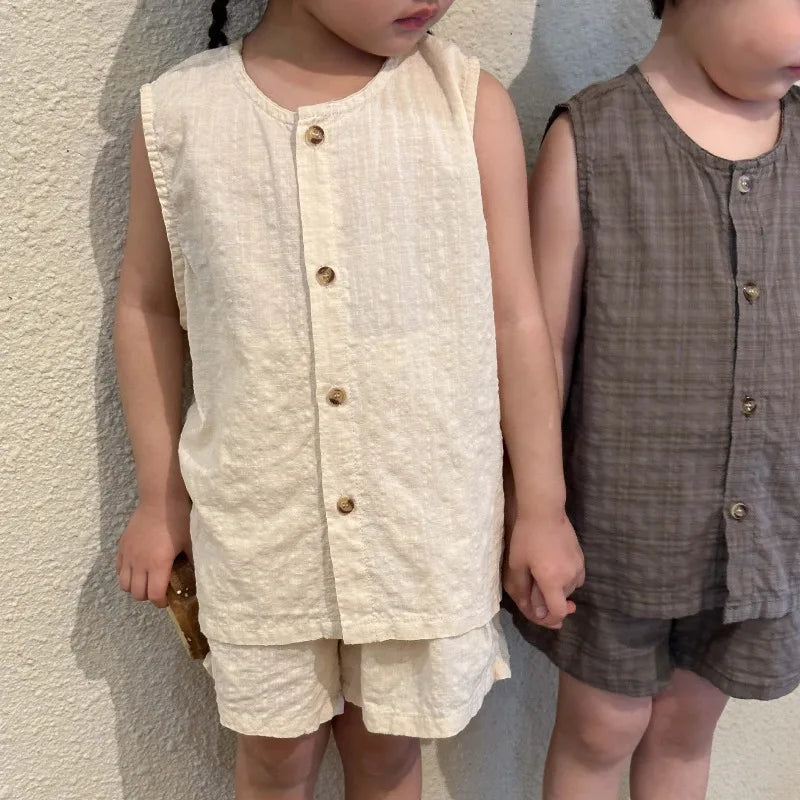 2026 Summer Kids Clothing Set Boys Vest and Shorts 2 Pcs Suit Korean Style Casual Girls Clothes Set Unsex Children Outfit