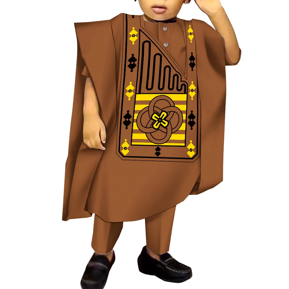 African Boy Embroidered Robe Set Children's Dress Gown Shirt and Trousers Three-piece Boys Traditional Clothing Party Wedding
