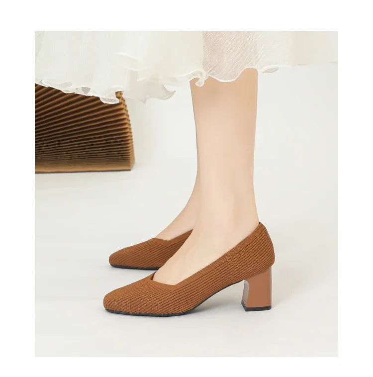 Shoes Woman High Heels Comfortable Square Knitted Breathable Comfortable Women's Flats Shoes (5cm High) 2025 New Collection