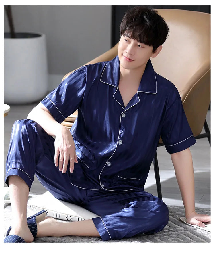Summer Striped Men Sleepwear Suits Silk Mens Pajamas Turn-down Collar Cardigan Short Sleeve Long Pants Male Pyjamas