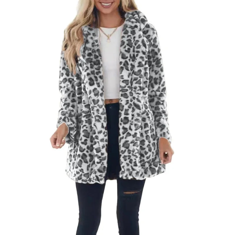 Women Winter Warm Faux Fur Coat Fashion Casual Turn-down Collar Leopard Jackets Ladies Streetwear Long Sleeve Pockets Overcoats