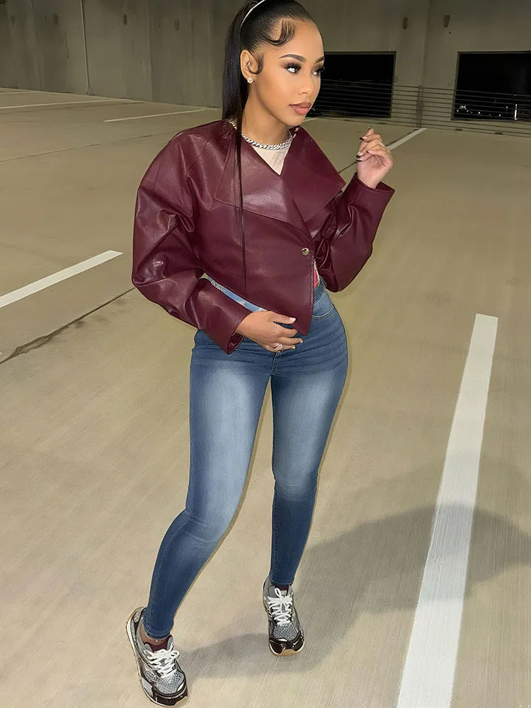 Weird Puss Faux Leather Crop Jacket Women Cross Neck Hipster Single Button Irregular Fall Trend Wild Basic Sexy Streetwear Coat