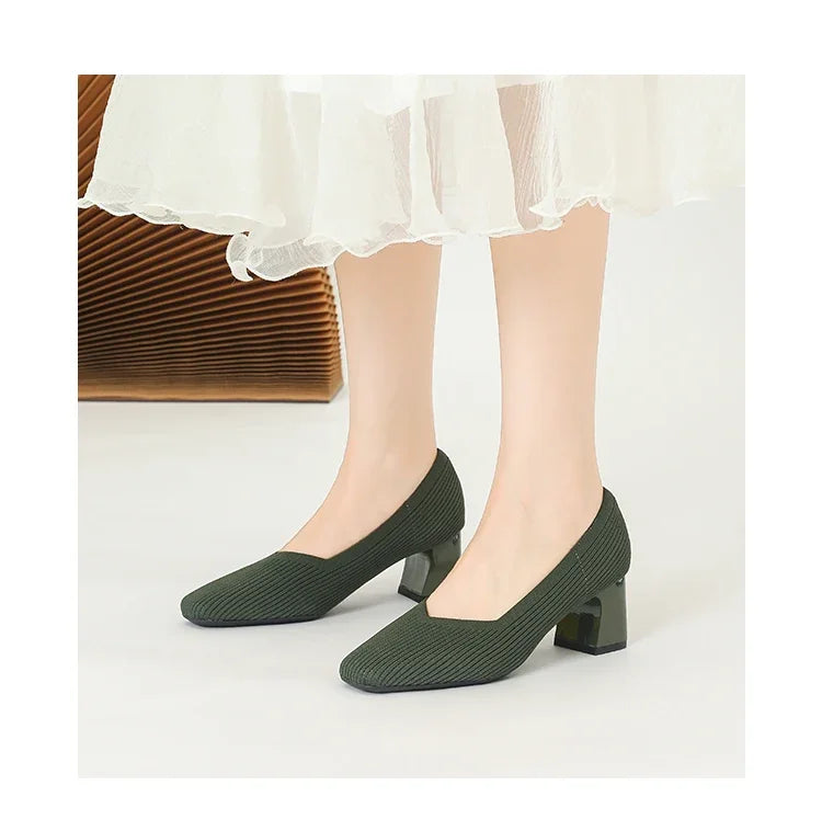 Shoes Woman High Heels Comfortable Square Knitted Breathable Comfortable Women's Flats Shoes (5cm High) 2025 New Collection