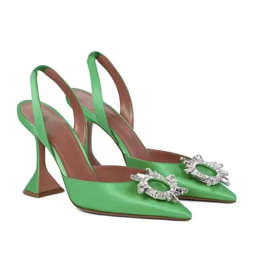 Large 43 Blue Women's High Heels Silk Satin Pointed Toe Rhinestone Crystal Heels Slip on Women's Wedding High Heels Sandals 2026