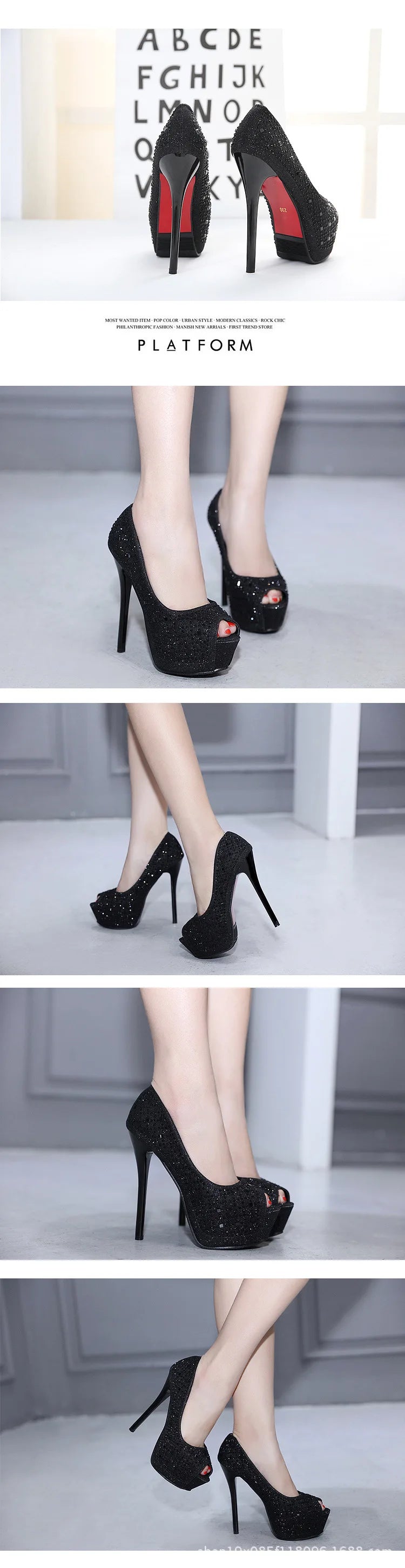 Fashion Women Super High Heels Pumps Waterproof Platform 4cm Fish Mouth Design Peep Toe Shoes Glitter Sequin Cloth Single Shoes