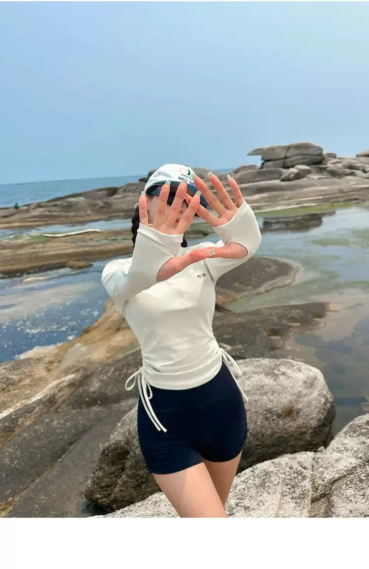 Swimwear Sports Style Long Sleeved Sunscreen Fashion Two-piece Set Women Conservative Slimming Effect Drawstring Flat Corner