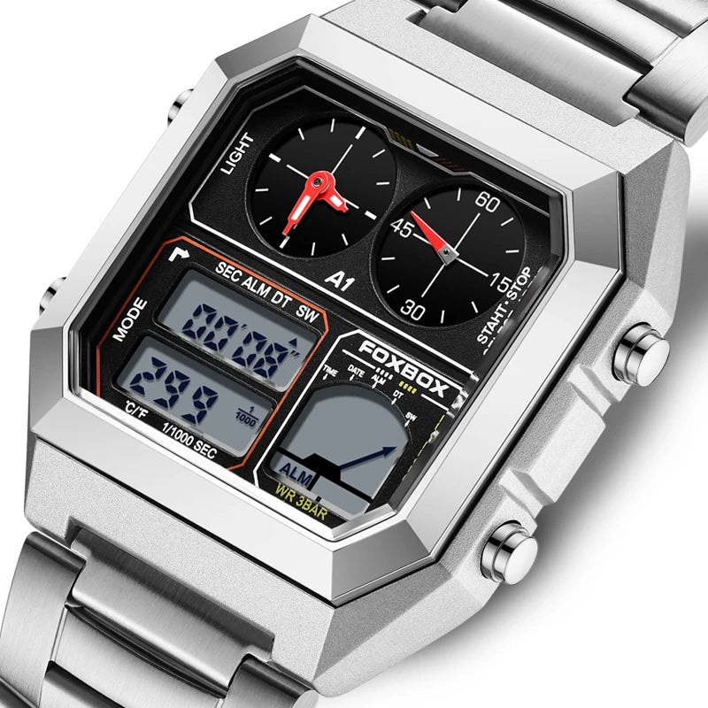 FOXBOX Top Brand Luxury Stainless Steel Chrono Sport Watches Men Back Light Display Digital Wristwatch 3Bar Waterproof Reloj+Box