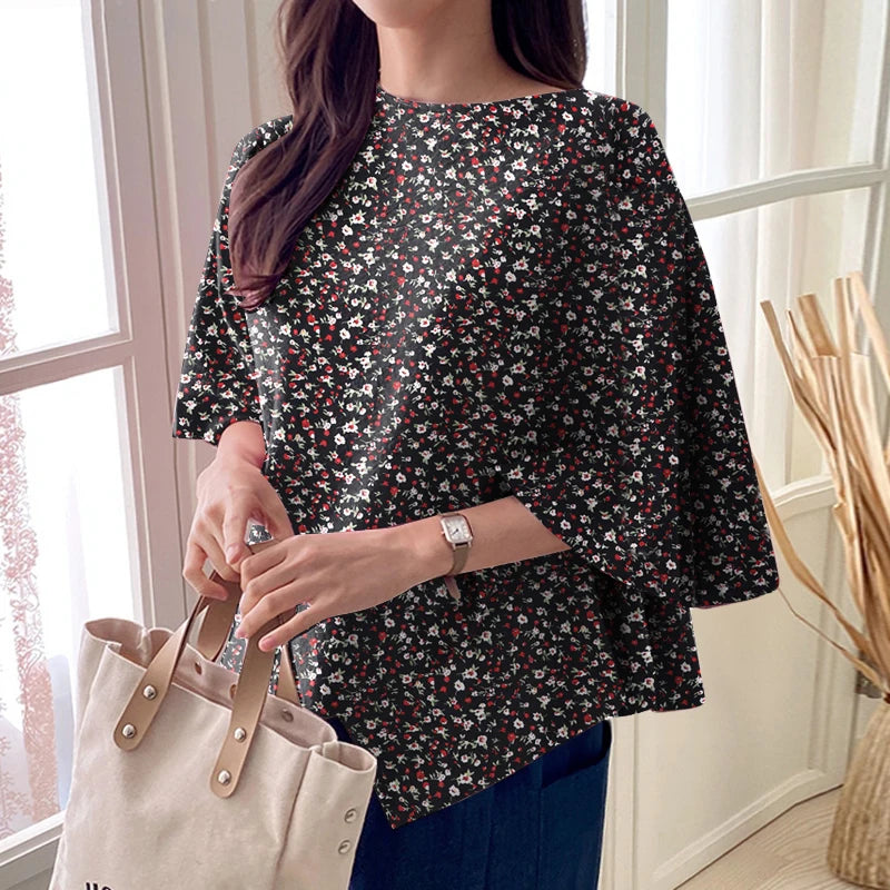 ZANZEA Women Fashion Blouse Chic 3/4 Sleeve Ruffle Hem Top Shirt 2025 Summer Round Neck Loose Blusa Elegant Irregular Work Tunic
