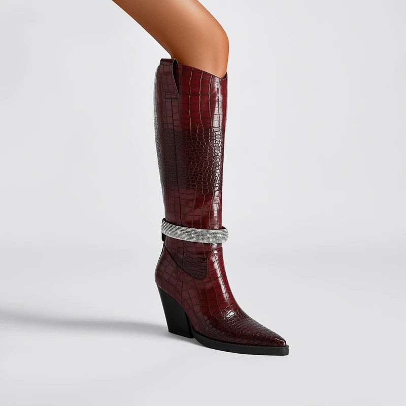 Kaky's New Water Diamond Pointed Thick High Heels Oversized Women's Boots Long Boots High Barrel Boots Western Boots 44 45 46