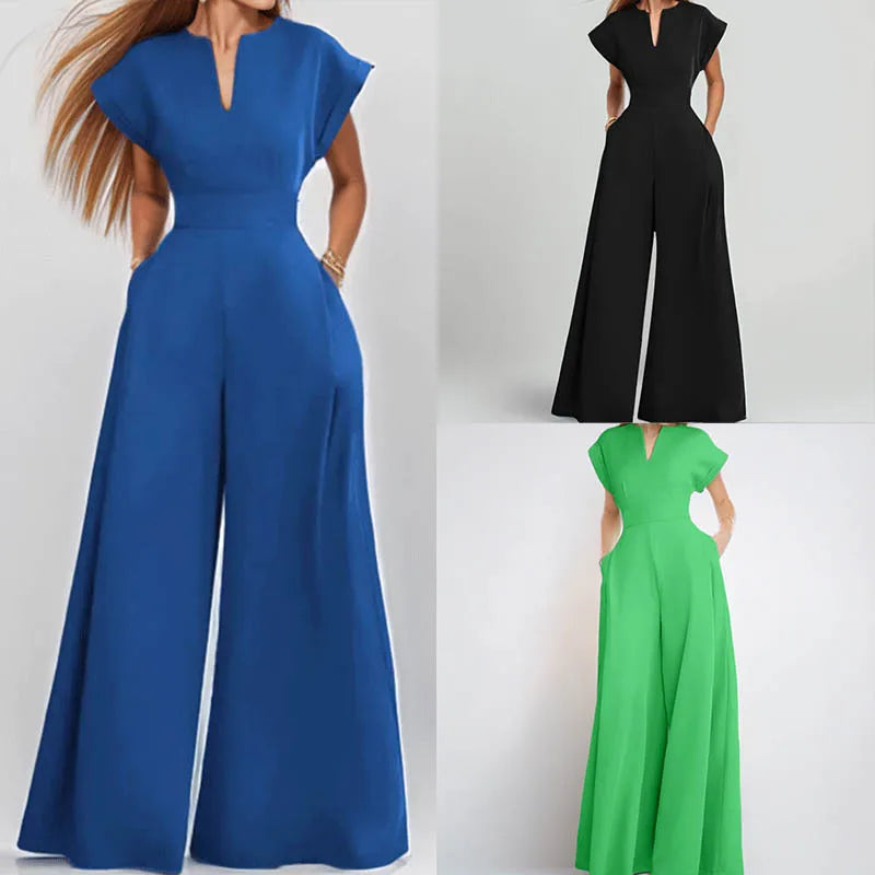 Elegant Solid Color V Neck Jumpsuit For Women High Waist Wide Leg Trousers With Pockets, Formal Office & Party Outfit