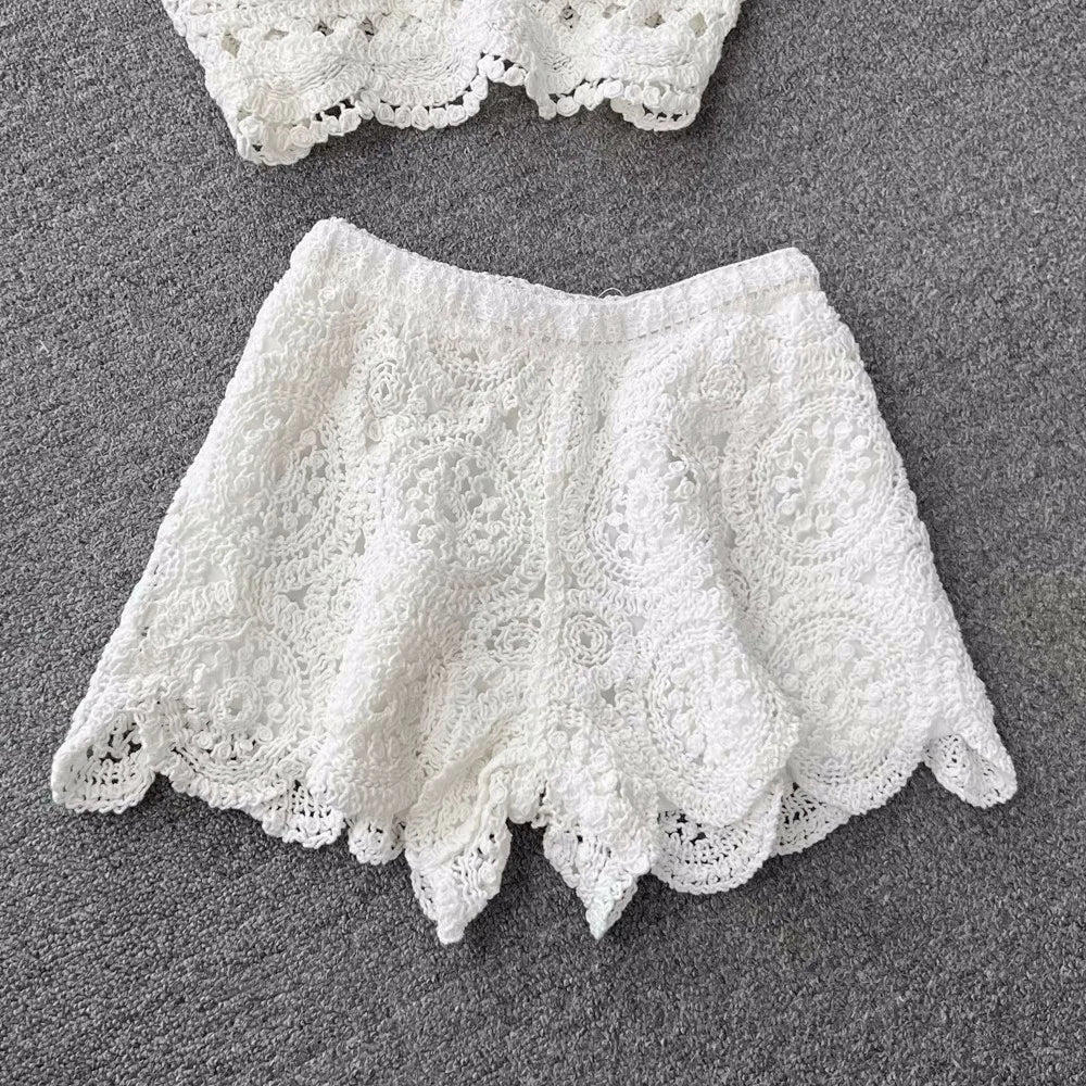 SINGREINY Knit Two Piece Sets Women Summer Vacation Backless Camisole Elastic Waist Shorts Hollow Out Y2K Beach Style Suits