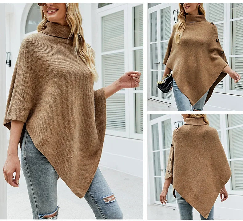 2025 Autumn Winter Shawl Cloak Sweater Solid Color Turtleneck Oversized Cape Coat Female Ponchos Pullover Knitted Bat Sleeve Top
