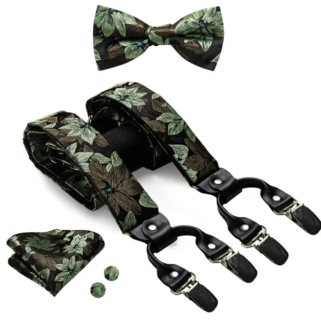 Hi-Tie Silk Adult Men's suspenders Set Leather Metal 6 Clips Braces Gold Brown Floral Vintage Men Fashion Wedding Suspenders Men BAZAARHUBO
