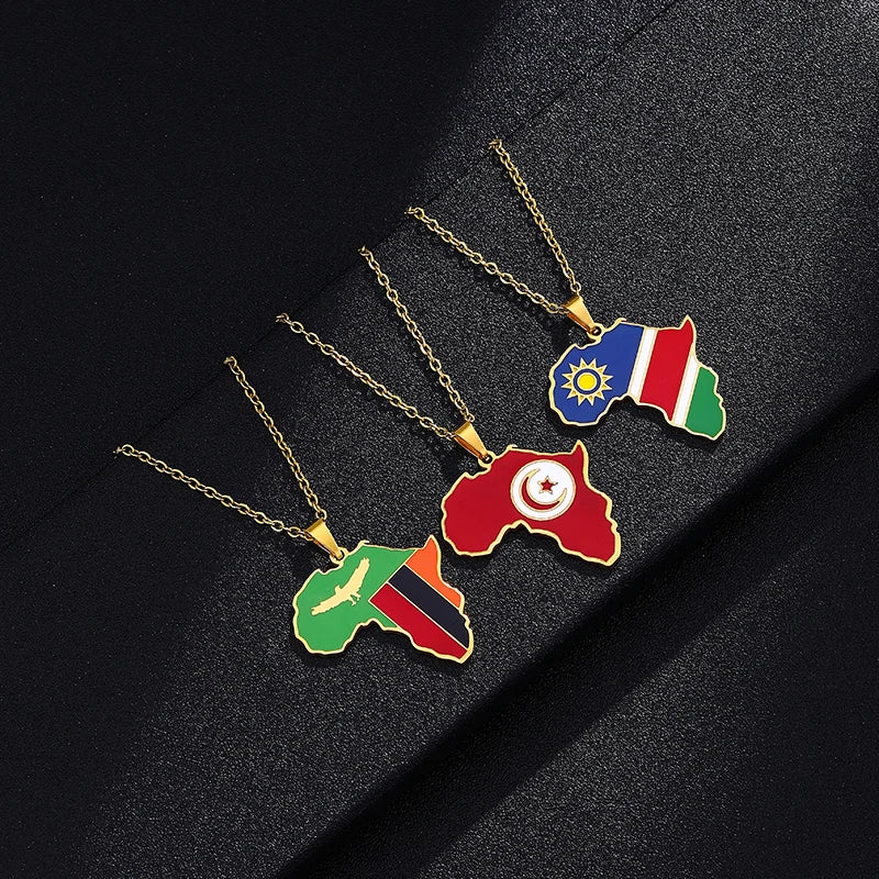 African Map Flag Pendant Necklace Stainless Steel Men Women Rwanda Sudan Uganda Zimbabwe Zambia Ethnic Maps Jewelry Gift