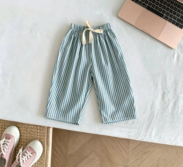 Kids Casual Loose Fit Pants Cotton Trousers With Striped Drawstring Design Multiple Color Choices Suitable For Boys And Girls