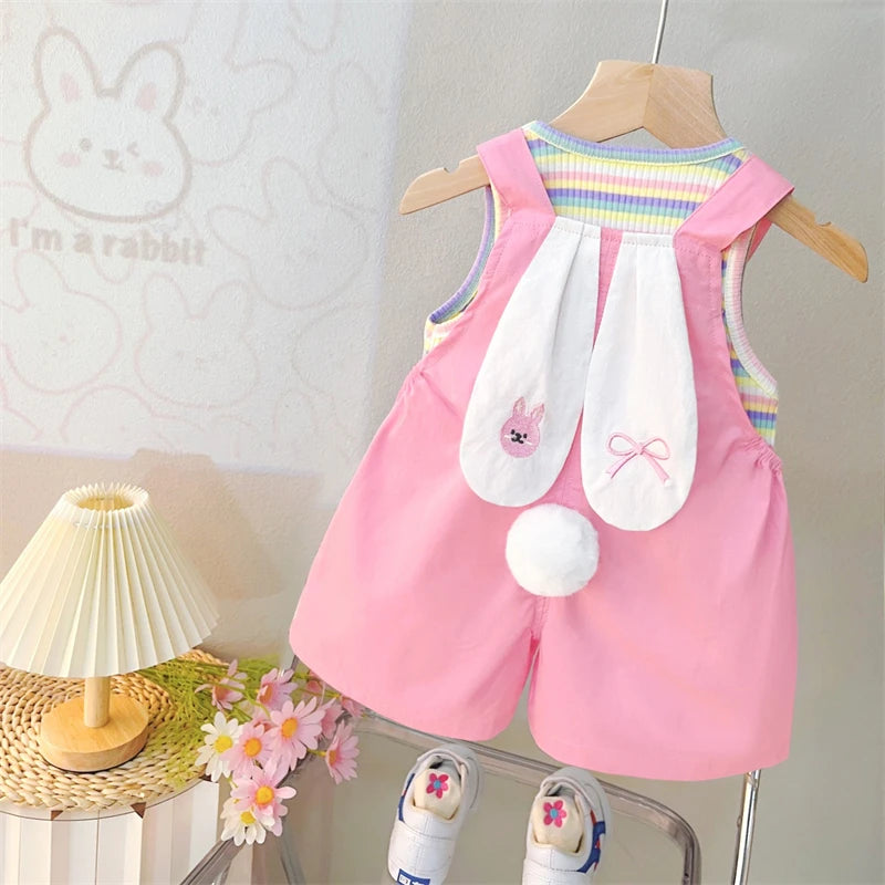Baby Girls Clothing Sets Children Summer Clothes Cartoon Rabbit Stripe Vest Shorts 2 Pieces Suit Kids Casual Clothes Outfits