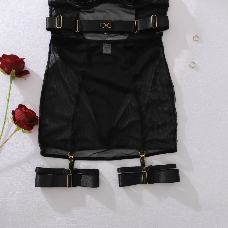 Women's Sexy 4-Pieces Lingerie Sets with Garter Belts Sissy Hot Sheer Mesh Bodysuit Skirt Bandage Porn Underwear Erotic Costumes