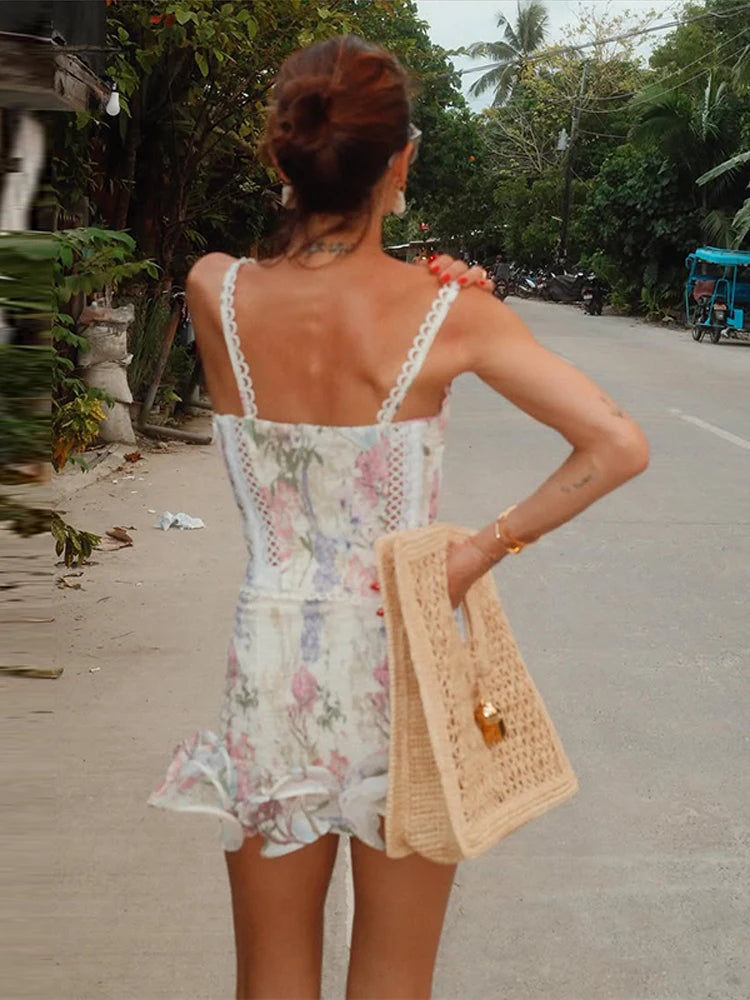 Floral Print Women Mini Skirt Set Lace Sleeveless Hollow Out Cami Shirred Waist Ruffle Hem Short Skirts 2026 Summer Chic Suit