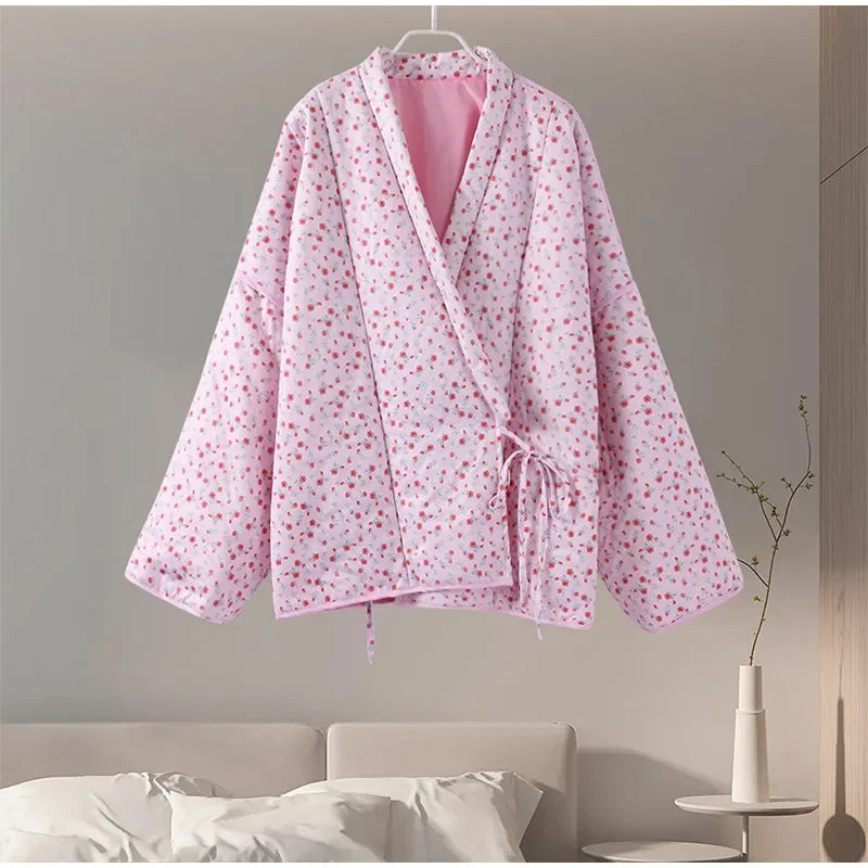 Floral Printed Women's Cardigan Cute Lace up Pink Women Coat Casual Loose Autumn Warm Coats Fashion New Ladies Coats Outerwear