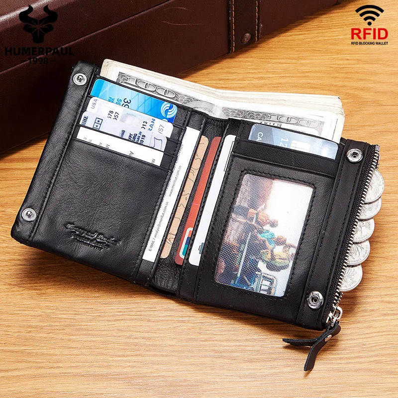 LAREET RFID Senior Short Wallet For Men Genuine Leather Wallets With Card Holder Bifold Zip Coin Pocket Small Billetera Hombre