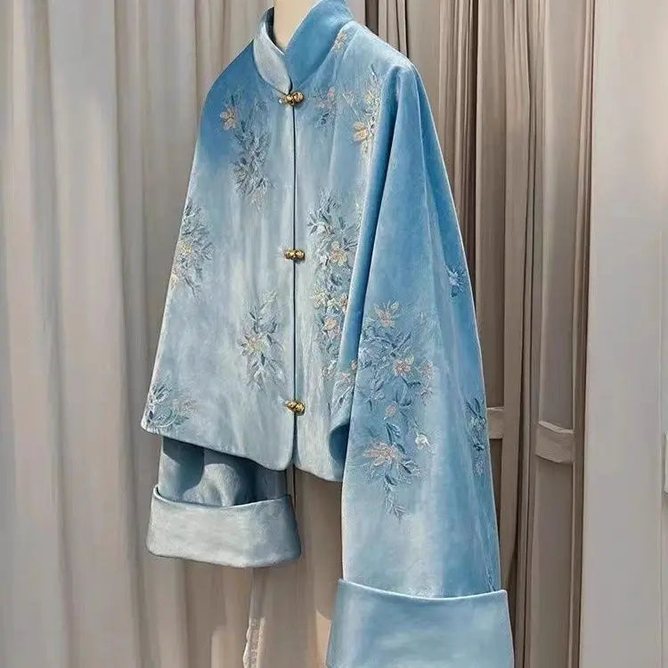 Winter Coat New Chinese Style Standing Collar Tang Suit Blue Embroidered Velvet Jacket Women Clothing Loose Short Coat Women Top