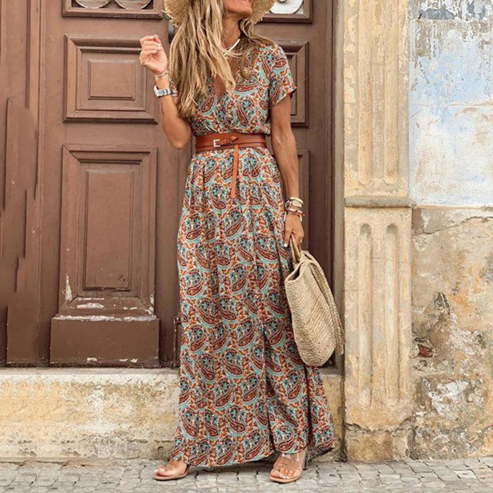 Women Summer Trend Holiday Dress Sexy Casual Elegant V-Neck High Slit Irregular Retro Vintage Print Slim With Belt Midi Dress