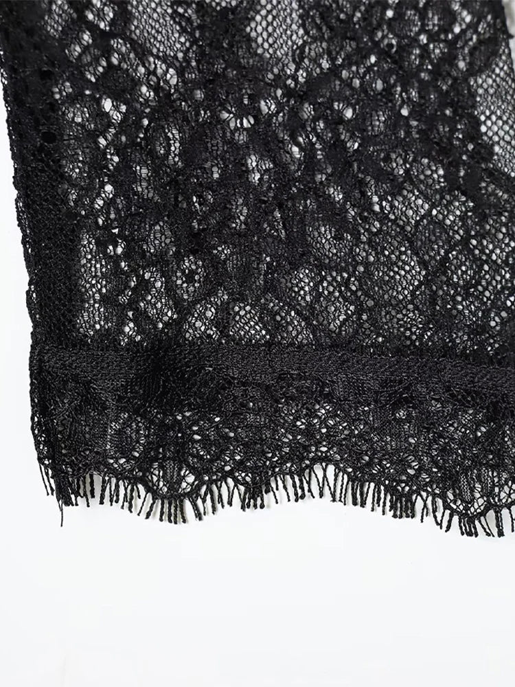 Lace Patchwork Long Evening Dress With Sheer Sleeves For Women Clubwear
