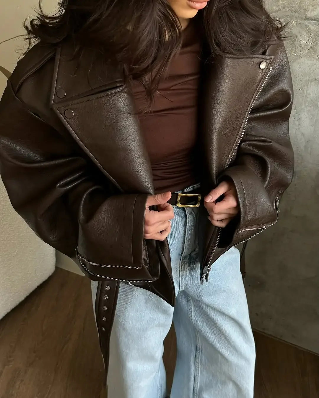 Casual Dark Red  Zipper Leather Short Jackets Women Long Sleeve Lace Up Lapel Loose Button Coat Lady Daily High Street Wear 2026