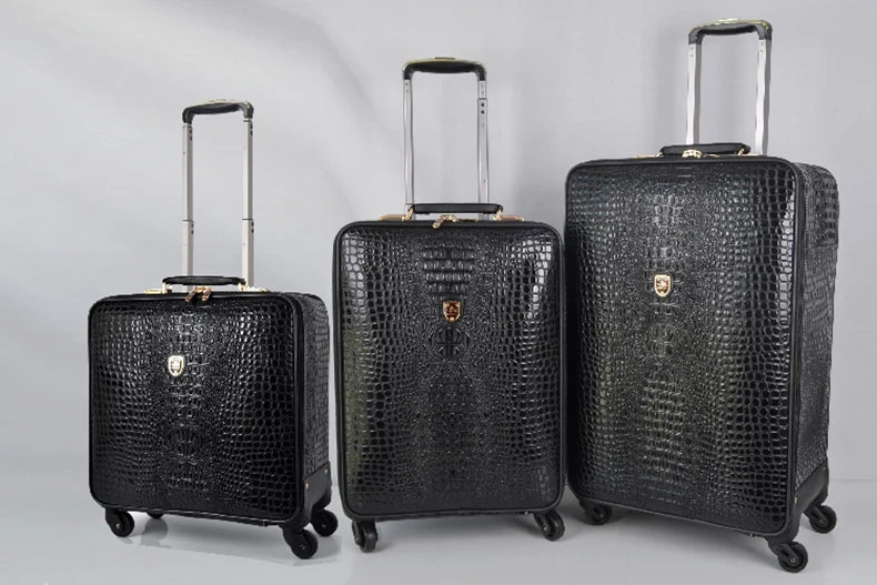 Crocodile pattern leather rolling luggage 16/20/24 inch boarding trolley suitcase real leather men's and women's travel luggage