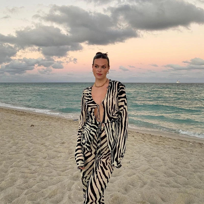 Cryptographic Animal Print Mesh Sheer Stripe Tie Front Detail Top Matching Sets Fashion Outfits 2 Piece Sets Holiday Beachwear