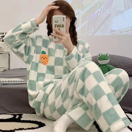 Warm Sleepwear for Winterthickened Plus Size Coral Velvet Pajamas Women Warm Long Sleeve Solid Color Plaid Trousers Home Suit Se