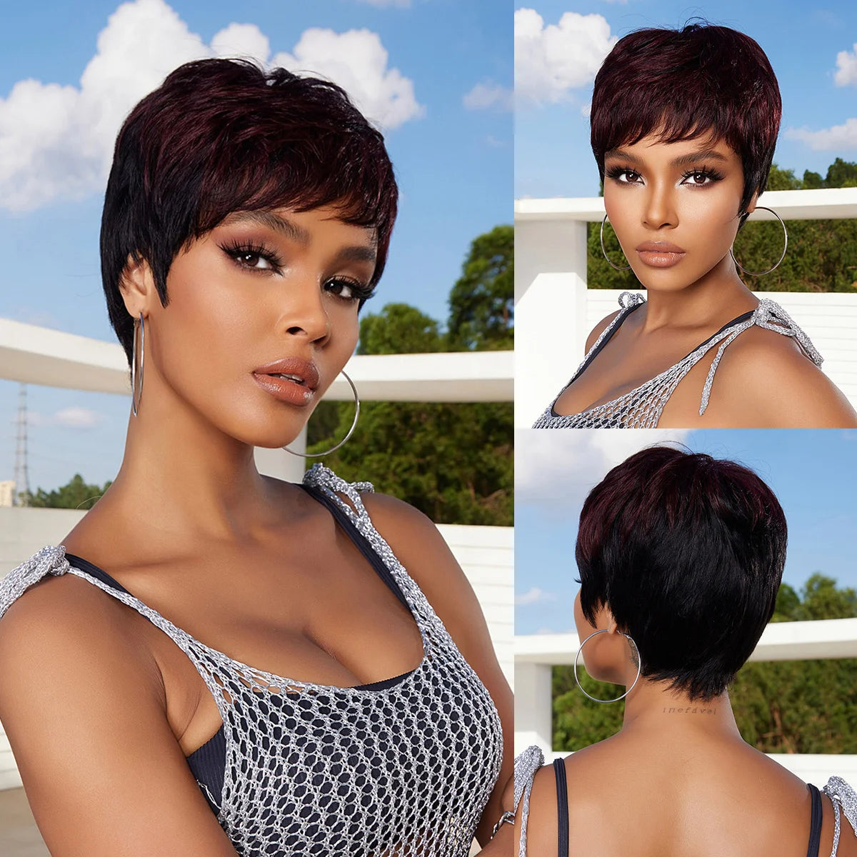 Blonde Human Hair Wigs Dark Root Short Pixie Cut Bob Wigs Machine Made Remy Human Hair Wig for White Women Daily Heat Resistant