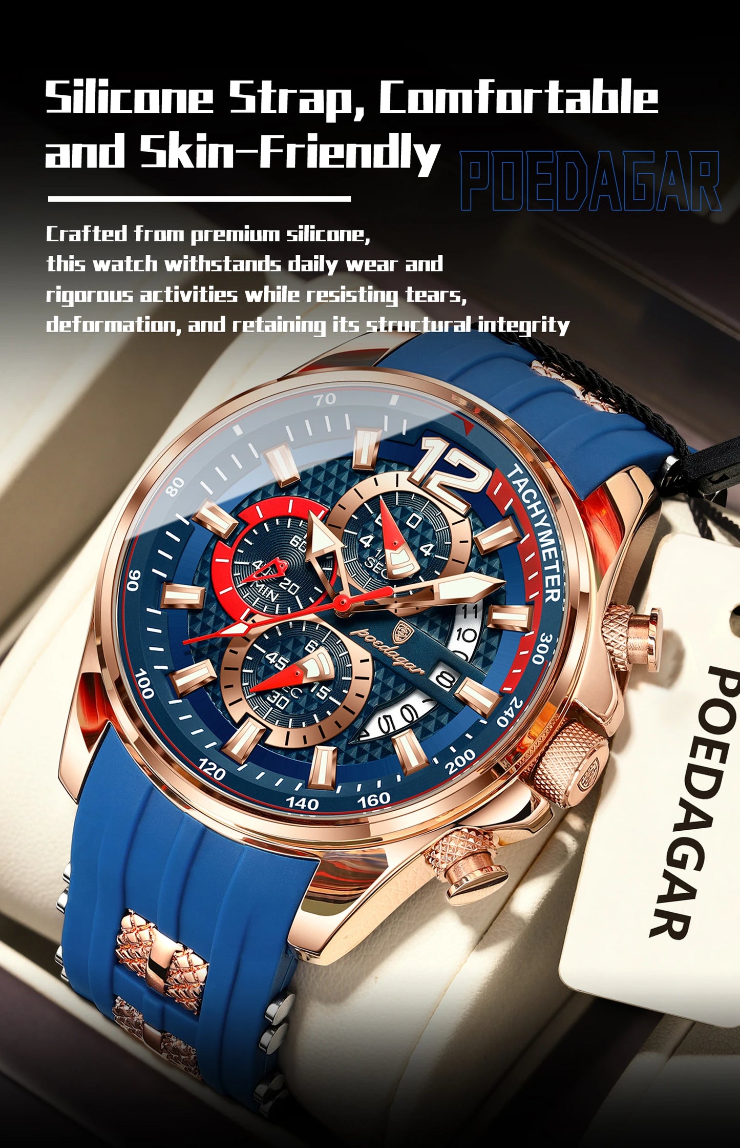 POEDAGAR Luxury Watch For Men Date Chronograph Luminous Waterproof Silicone Male Watch Fashion Sports Quartz Men's Watches Reloj