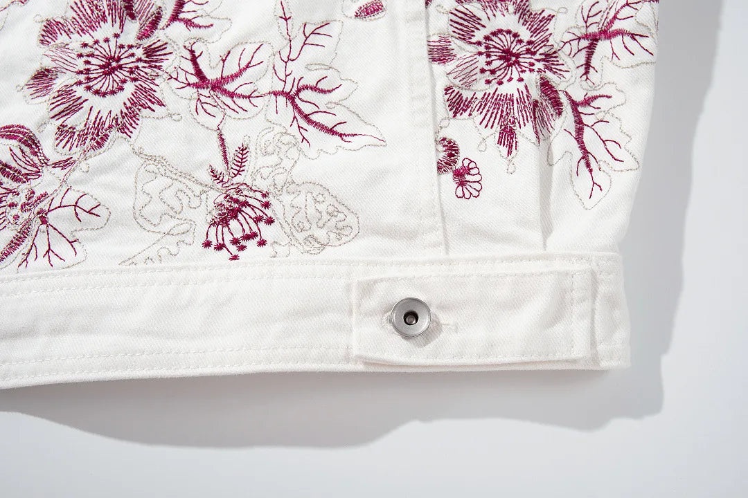 American High Street Retro Floral Embroidered Denim Jacket Hip Hop Loose Casual Trendy Brand Jeans Coat Tops