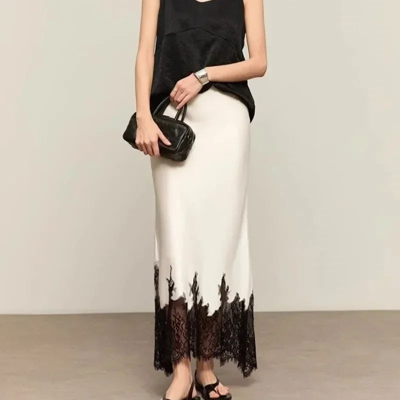 Elegant Lace-Trim Satin Midi Skirt Women Summer High Wasit Wrapped Hip Slim Long Skirts Fairy Fashion Office Women Clothing New