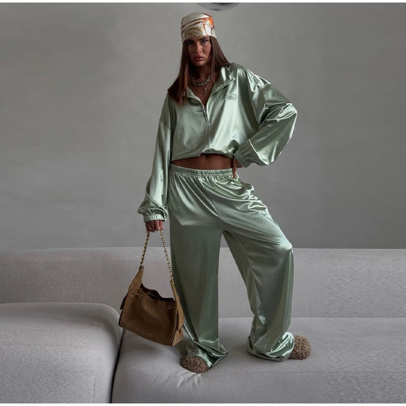 2026 Spring Satin Embroidered Zip-Up Jacket Wide Leg Pants Set Oversized Slouchy Women 2 Pcs Outfit Cool Lady Co-ord Streetwear