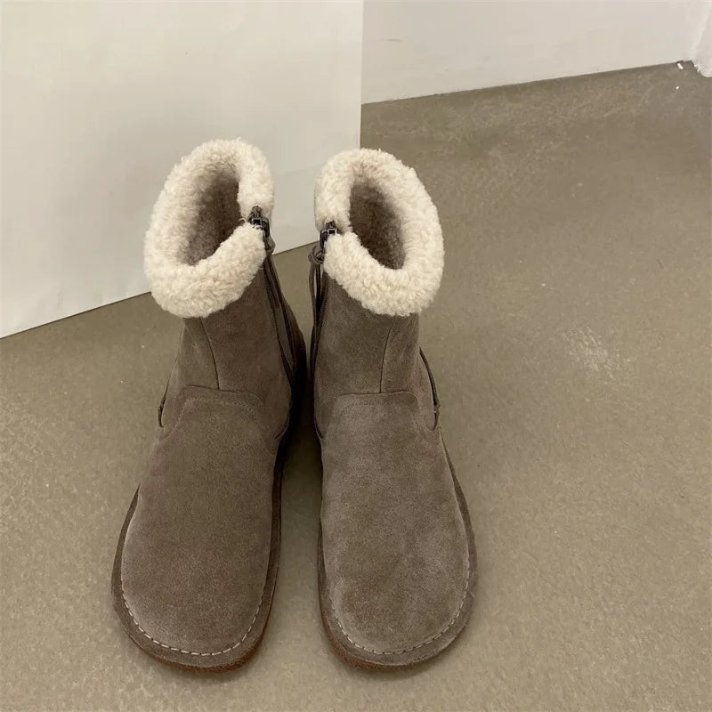 Careaymade-Genuine cow leather Snow cotton round head flats woolen short boots plush warm snow boots Oversized shoes size 35-43
