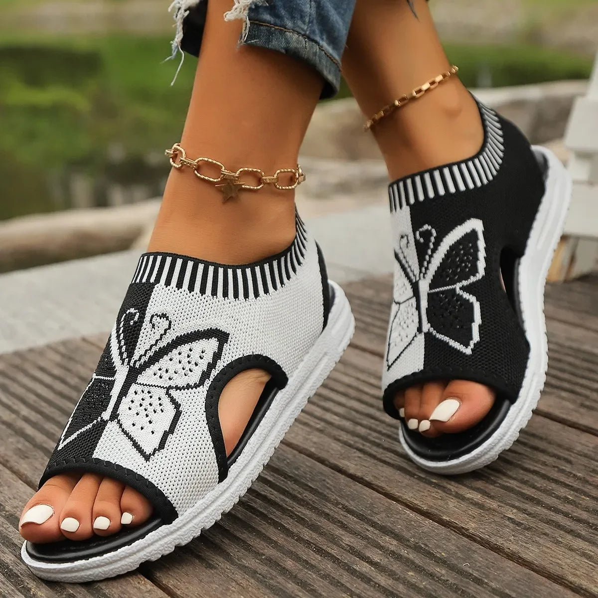 Women Sandals Summer Casual Peep Toe Sandals Mesh Fashion Wedges Butterfly Non Slip Outdoor Breath Sport Sandals Sneakers
