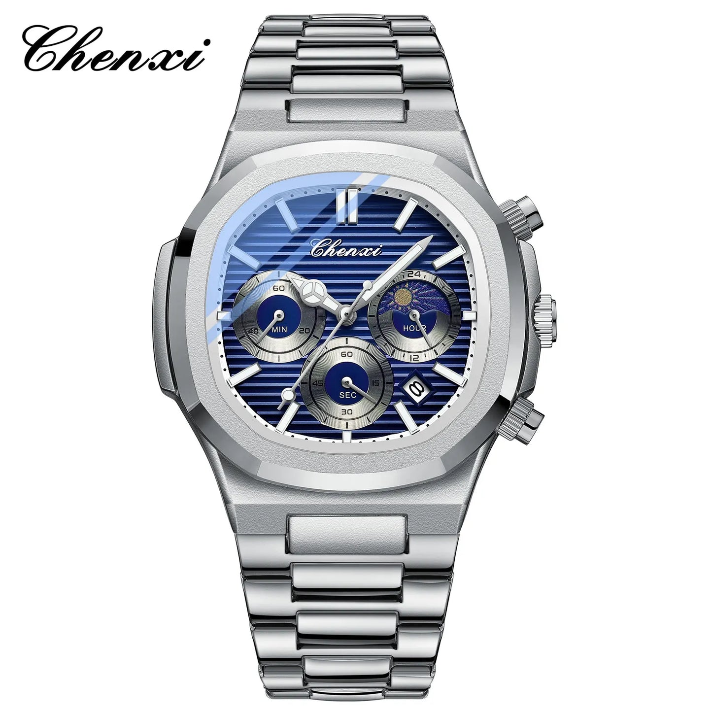 CHENXI Fashion Luxury Men's Watches Stainless Steel Quartz Movement Waterproof Calendar Moon Phase Chronograph Watch for Men