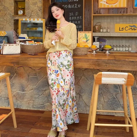 French Gentle Style High-waisted Floral A-line Skirt for Women Mid-length Versatile Printed Summer New Korean Version