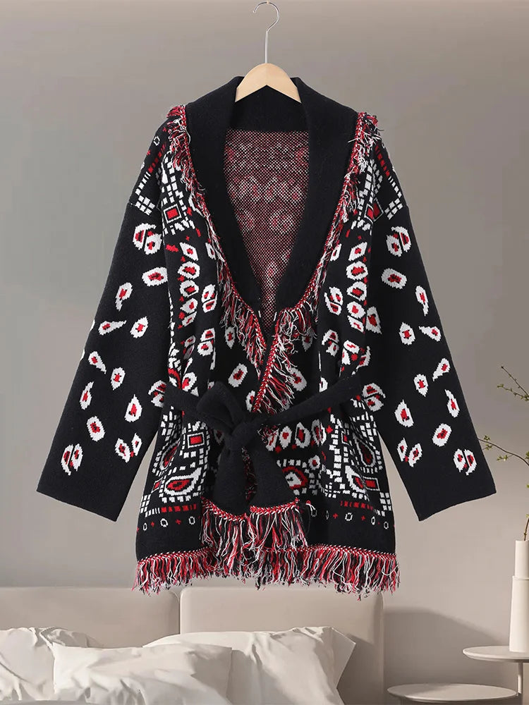 2026 Spring Tassel Knitted Jacquard Women's Cardigans Loose Patchwork V-neck Long Sleeve Thick Warm Sweater Lady New Knitwear