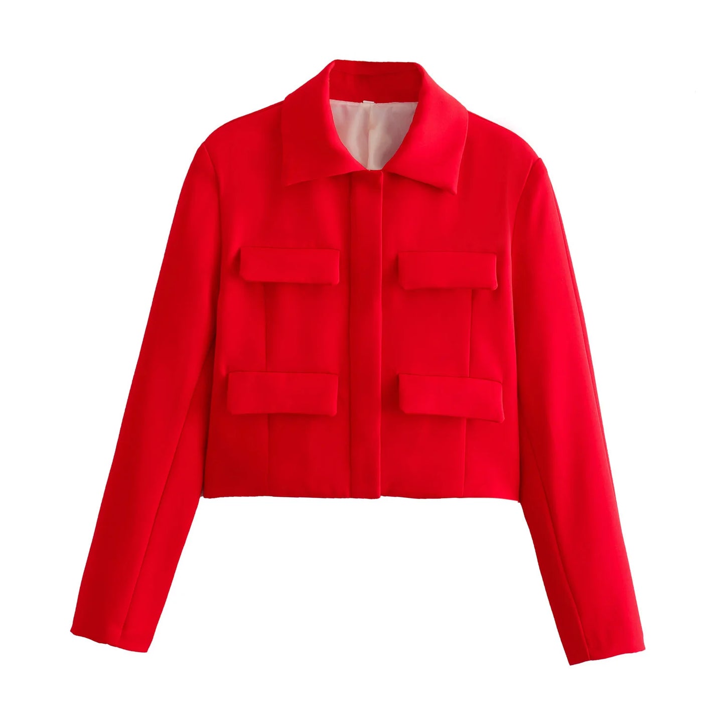 HH Spring Jacket For Women Slim Cropped Coat Elegant Solid Long Sleeve Jacket Front Flap Pocket Outerwear Fashion Streetwear